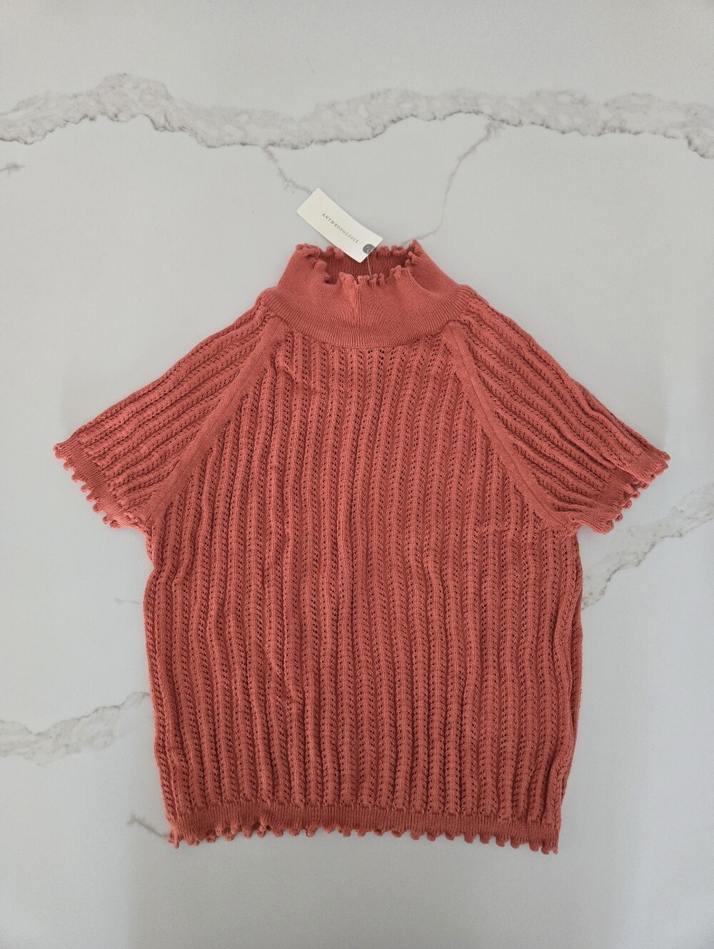 NWT By Anthropologie Mock-Neck Pointelle Ruffle-Trim Sweater Tee - Picture 2 of 4